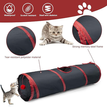 Sheldamy Cat Tunnel, 2-Way Collapsible Play Tunnel, Interactive Toy Maze for Small Animals, Red & Black