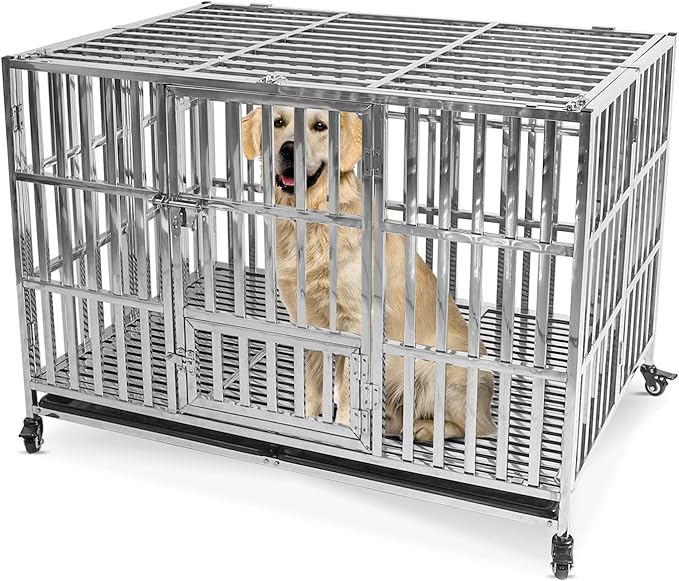 48 Inch Dog Crates for Large Dogs, Upgraded 4 Lockable Wheels, Removable Door, Dog Kennel Indoor, Max Load 300Lbs, Easy to Clean, Removable Tray, XL Dog Cage for Large and Medium Dogs