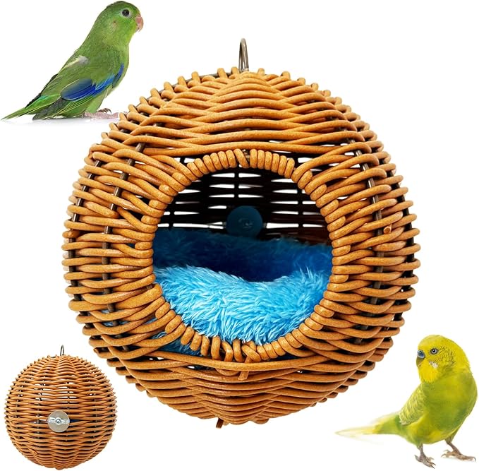 BNOSDM Rattan Bird Nest Parrot Nesting House Parakeet Nesting Soft Lovebird Warm Bed Sleeping for Parrots Bird Cage Accessories for Cockatiels Budgerigars Finches Canaries (Single-Hole Style)