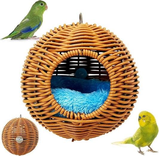 BNOSDM Rattan Bird Nest Parrot Nesting House Parakeet Nesting Soft Lovebird Warm Bed Sleeping for Parrots Bird Cage Accessories for Cockatiels Budgerigars Finches Canaries (Single-Hole Style)