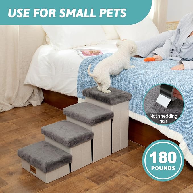 Dog Stair for Small Dogs with Storage, 17.7" H Foldable Pet Step with Soft Leakproof Cover, Older Cat Ramp for Couch Sofa Bed, Lightweight, Comfort, 33x13x17.7 inch, 4 Tiers Grey