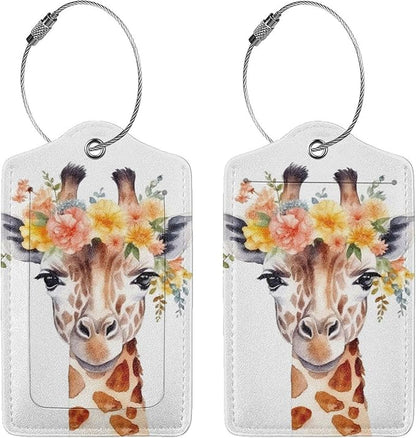 2 Pcs Watercolor Giraffe Luggage Tag for Suitcase, Identifiers Privacy Cover ID Label with Steel Loop, Party Decorations Giraffe Tags Birthday Gifts for Men Women Kids Travel