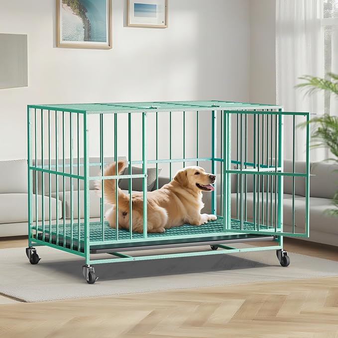 Green 48 in Heavy Duty Dog Crate Steel Escape Proof, Indoor Double Door High Anxiety Cage, Removable Tray, Kennel with Wheels,XL XXL