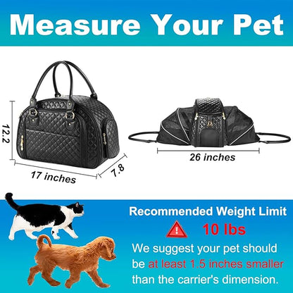 Dog Purse Carrier for Small Dogs, 2-Side Expandable Small Dog Carrier, Holds Up to 10lbs PU leather Pet Carrier, Cat Carrier, Airline Approved Puppy Purse Carrier for Travel (Black, Small Size)