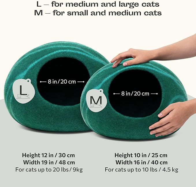 MEOWFIA Cat Cave  Premium Felt Cat Bed for Indoor Cats, Handmade 100% Merino Wool (Medium, Emerald)