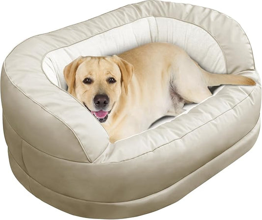 Calming Dog Bed for Large Medium Dogs, XXL 16" Depth High Sides Cuddler Large Dog Couch Bed Oval Anti Anxiety Dog Bed with Head Support - Supportive Foam and Soft Cotton, Beige