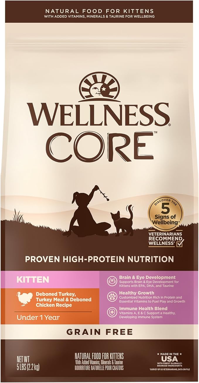Wellness CORE Kitten Dry Cat Food for Indoor & Outdoor Cats, Grain Free, Natural, Original Turkey, Turkey Meal and Chicken (5 Pound Bag)