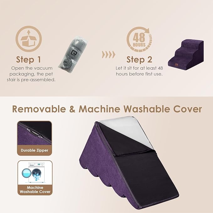 EHEYCIGA Curved Dog Stairs Ramp for Small Dogs 15.7" H, 3-Step Dog Steps for Couch Sofa and Chair, Pet Stairs for Cats, Non-Slip Balanced Pet Steps Indoor, Purple