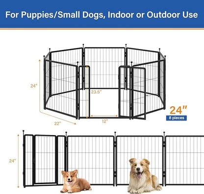 Dog Playpen for Indoor & Outdoor Use  Heavy-Duty Metal Pet Fence with Ground Stakes, Rounded Ball Tops for Safety, Stable & Foldable Design, Easy to Assemble 24 inch 8 Panels