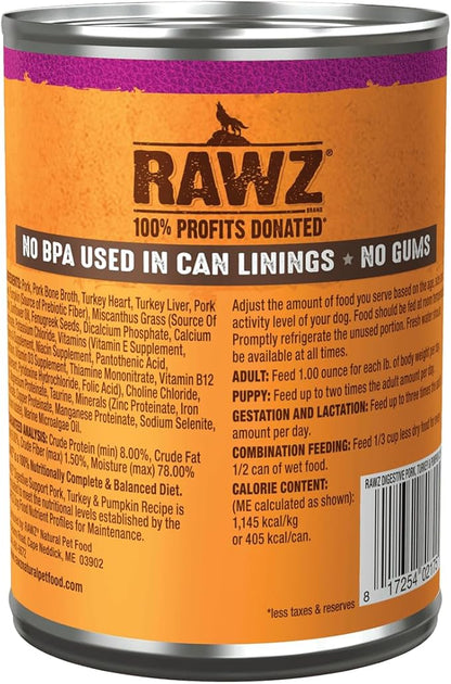 Rawz Natural Pet Food, Digestive Support Canned Dog Food, 12.5 Ounce (Pork/Turkey & Pumpkin) Case of 12 Cans