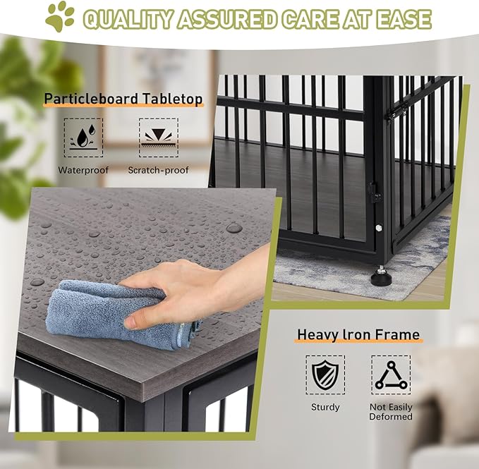 32 Inch Dog Crate Furniture, Heavy Duty Dog Kennel with Side Door, Decorative Pet House End Table, Wooden Cage Kennel Furniture Indoor, Grey