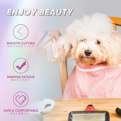 7" Multicolour Dog Grooming Kit - Premium Japanese 440C Stainless Steel Straight Scissors, Thinning Shears, Curved Scissors, Chunker Shears with Steel Comb