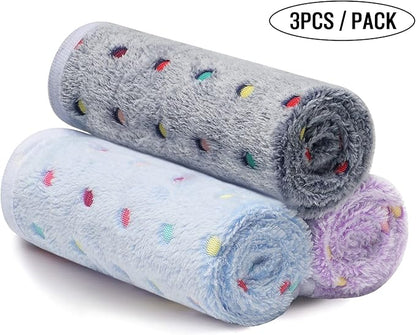 1 Pack 3 Blankets Super Soft Cute Dot Pattern Pet Blanket Flannel Throw for Dog Puppy Cat Blue/Purple/Grey Medium