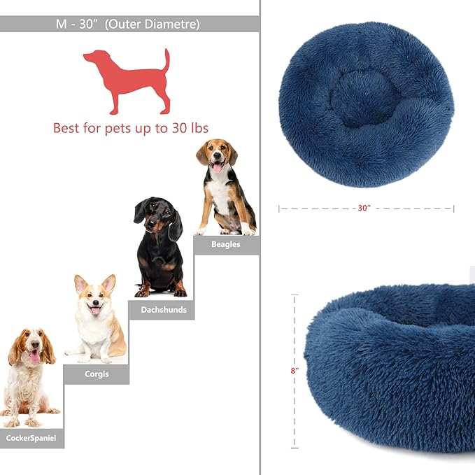Calming Bed for Dogs 30 Inches Navy Blue Dog Beds for Medium Dogs Washable Anti-Anxiety Dog Beds for Medium Dogs