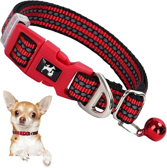 Adjustable Puppy Collar with Bell - Reflective Nylon Dog Collar for Small Breeds, Chihuahua Pomeranian, Nighttime Safety, Gift for Dog Lovers (Red, XS)