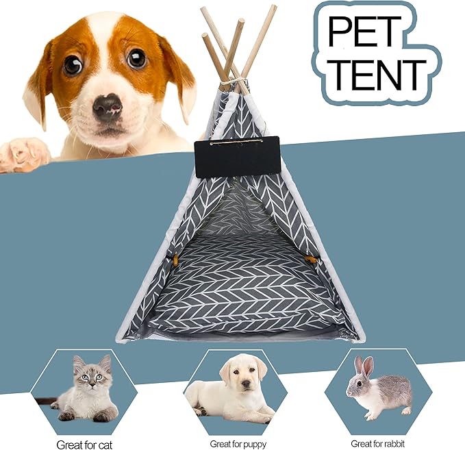 Pet Teepee, Portable Pet Tents for Small Dogs or Cats, Puppy Sweet Bed Washable Dog or Cat Houses with Cushion(Grey,24")