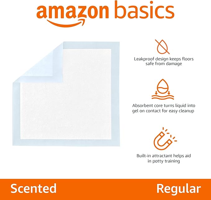 Amazon Basics Scented Dog and Puppy Pee Pads, 5-Layer Leak-Proof Super Absorbent, Quick-Dry Surface, Potty Training, Regular (22x22"), 150 Count, Blue