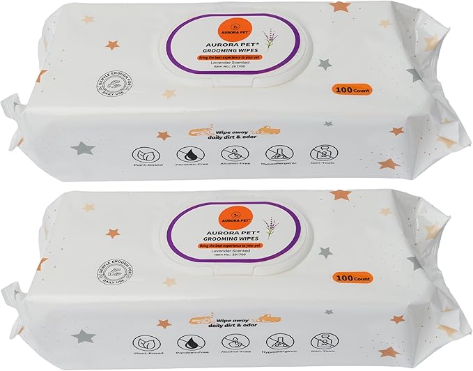 Aurora Pet Wipes – 100% Natural, Plant-Based Hypoallergenic Grooming Wipes for Dogs & Cats – Extra-Durable, Large & Thick for Effortless Cleaning (Lavender, 200 Count)