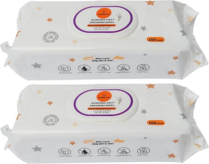 Aurora Pet Wipes – 100% Natural, Plant-Based Hypoallergenic Grooming Wipes for Dogs & Cats – Extra-Durable, Large & Thick for Effortless Cleaning (Lavender, 200 Count)