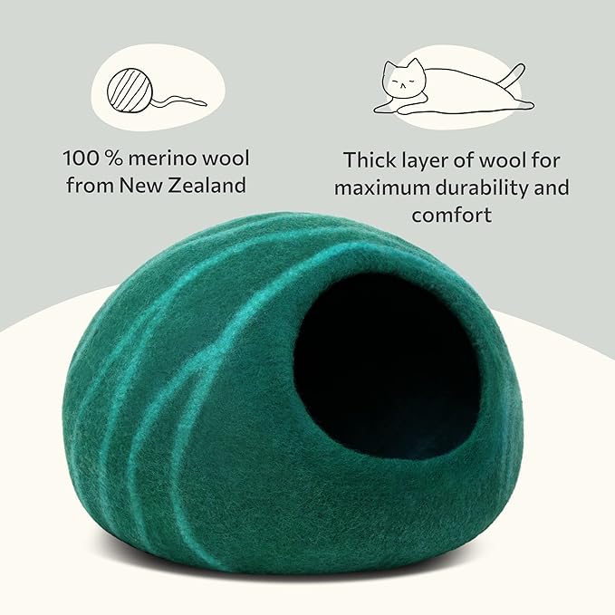 MEOWFIA Cat Cave  Premium Felt Cat Bed for Indoor Cats, Handmade 100% Merino Wool (Large, Emerald)