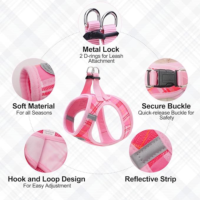 BEAUTYZOO Small Dog Harness and Leash Set, Step in No Chock No Pull Soft Mesh Dog Harnesses Reflective for Small Medium Puppy Dogs and Cats, Plaid Dog Vest Harness for S M Pets, Light Pink XS