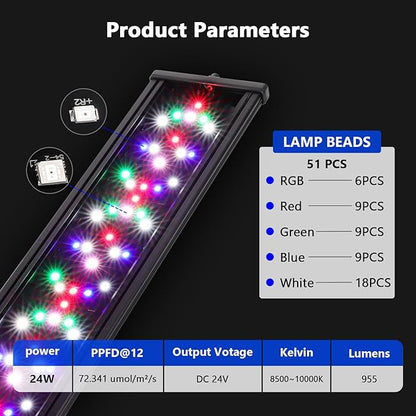 hygger New Mode 24/7 Timer LED Aquarium Light, Auto On Off Full Spectrum Fish Tank Light Fish Colorful/Sun/Nightlight/Wrgb Cycle Mode for Freshwater Plants Tank (for 18in~27in Long Tank)