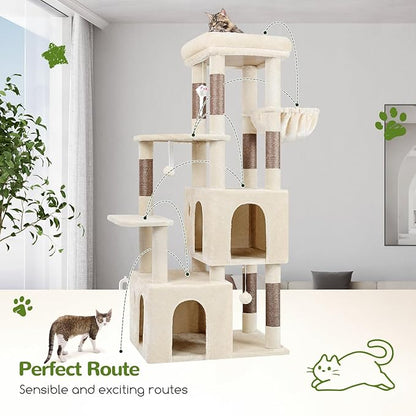 Globlazer Cat Tower for Indoor Cats, Heavy Duty Cat Trees for Large Cats Adult Big Cats Maine Coon Cat Tree Tower with Scratching Post, Extra Large Top Perch, Cat Condos, F61, Beige, 61inch