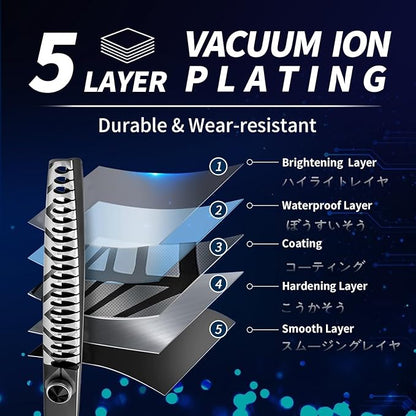 7" Dog Grooming Scissors Kit Black, Premium Japanese 440C Stainless Steel Straight, Thinning, Curved, Chunker Shears With Steel Comb for Precise Styling