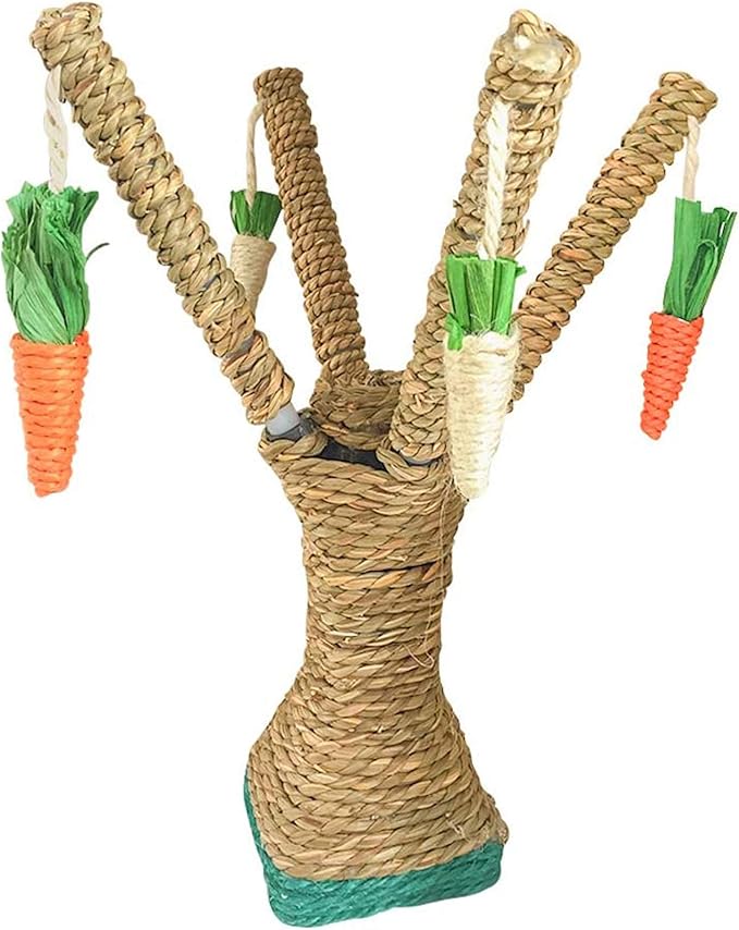 Hamiledyi Pet Bunny Fun Tree Rabbit Chew Toy Rattan Grass Scratcher Climbing Tree Play Carrot Toy for Rabbit Bunny Guinea Pig Squirrels Parrots Cat and Other Small Animals