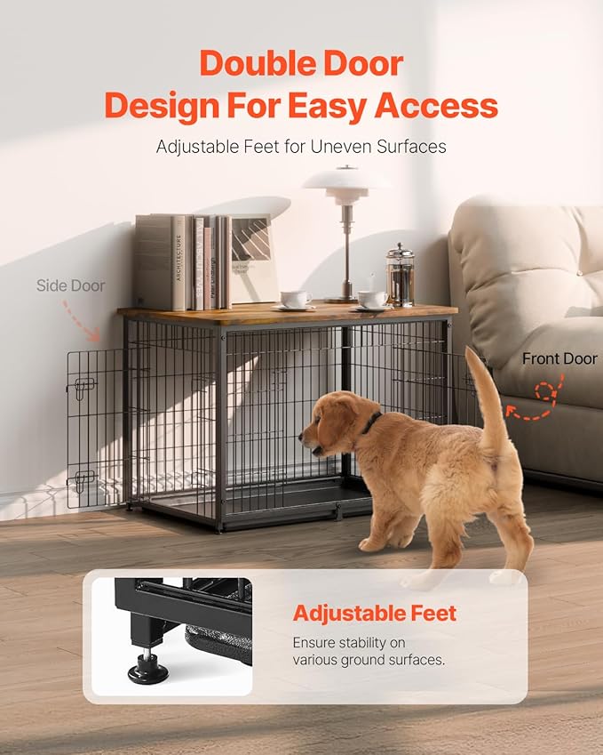 VEVOR 38" Dog Crate Furniture With Double Doors, 2-in-1 Decorative Wooden Kennel End Table, Removable Tray, Holds up to 70 lbs for Small, Medium Dogs - Brown