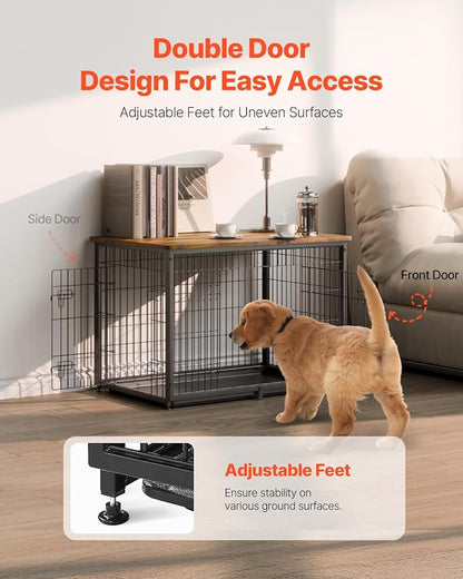 VEVOR 38" Dog Crate Furniture With Double Doors, 2-in-1 Decorative Wooden Kennel End Table, Removable Tray, Holds up to 70 lbs for Small, Medium Dogs - Brown