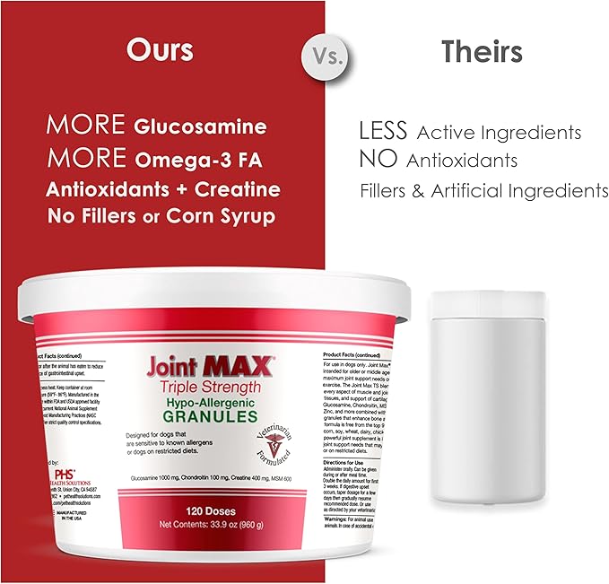 Triple Strength HA Granules for Dogs, Glucosamine, Chondroitin, Creatine, MSM and Antioxidants - Hip and Joint Support Supplement, 120 Doses