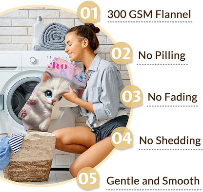 Personalized Cat Design Flannel Blanket for Kids Teens Adults, Custom Throw Gifts for Girls Women Cat Lovers, 50x60 Inch Soft Cozy Cute Blanket for Sofa Couch Bed, Daughter Mom Gift Idea for Birthday