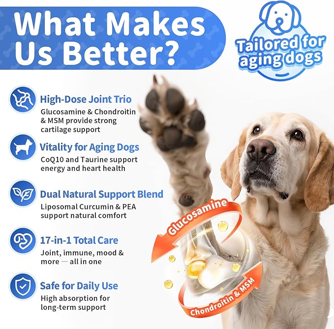 Senior Dog Joint Supplement, 17-in-1 Glucosamine for Dogs with Chondroitin, MSM, Pea, CoQ10, Omega-3, Hip and Joint Chews for Dogs – Chicken Flavor – 90 Soft Chews – for All Breeds & Sizes
