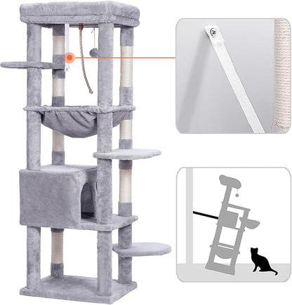 Heybly Cat Tree for Large Cats 20lbs Heavy Duty,60 inches XXL Cat Tower for Indoor Cats, Multi-Level Furniture Condo with Big Padded Plush Perch, Cozy Basket, Light Gray HCT050W