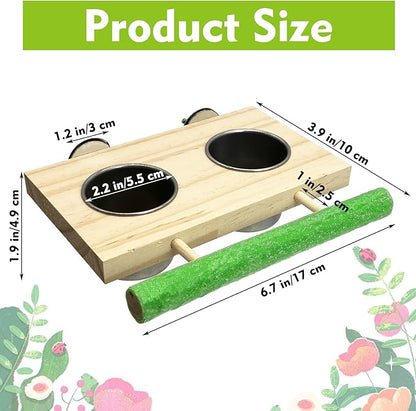 Tfwadmx Bird Feeding Dish Cups with Wooden Platform Hanging Stainless Steel Parrot Cage Feeder Bowl Wood Perch Stand for Parakeet Cockatiels Lovebirds Budgie (Medium)