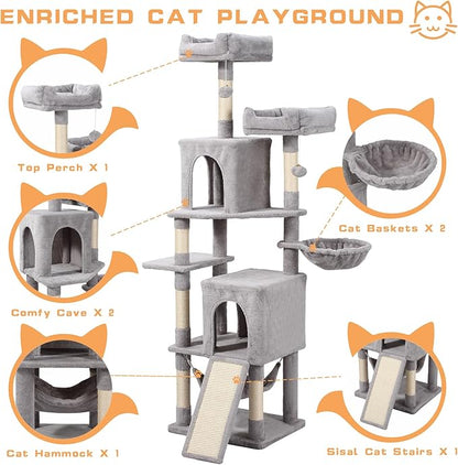 Cat Tree, 70-Inch Cat Tree Tower with Hammock, Scratching Post, Condo and Multi-Level Cat Tower, Large Cat Activity Center Playhouse, Light Gray LCT015