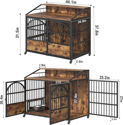 44 Inch Heavy Duty Dog Crate Furniture with 3 Doors, Dog Kennel with 360° Stainless Steel Bowls, Lockable Wheels, Wood Dog Cage End Table with Led Light, Pet Crate Dog Cage for Large/Medium/Small Dogs