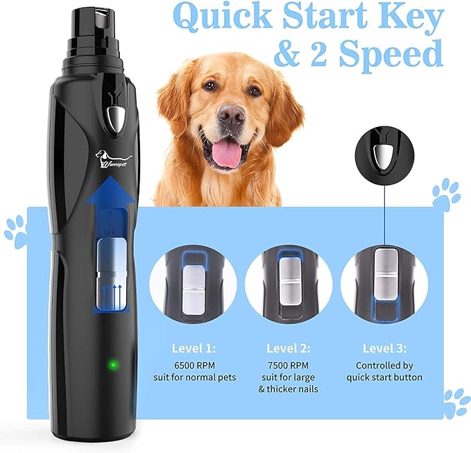 Pet Nail Grinder with LED Light & 2 Grinding Heads, 2-Speed Low Noise & More Powerful Dog Nail Grinder, Pet Nail Trimmer File, Painless Paw Claw Care, Quiet Toenail Grooming Tool for L/M/S Dogs/Cats
