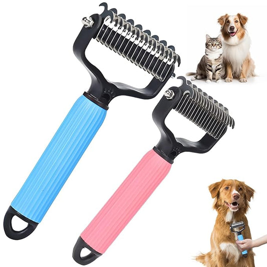 2PCS Pet Safe Dematting Comb for Dogs - Double Sided Dematting,Upgraded Pet Safe Dematting Comb for Dogs Cats, Deshedding Dog Brush Cat Dematting Tool,Dog Hair Mat Remover(Blue-Large + Pink-Small)