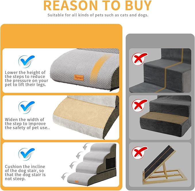 Topmart High Density Foam Dog Steps 4 Tiers,Extra Wide Deep Pet Steps,Non-Slip Pet Stairs,Dog Ramp for Bed,Soft Foam Dog Ladder,Best for Older Dogs Injured,Older Pets,Cats with Joint Pain