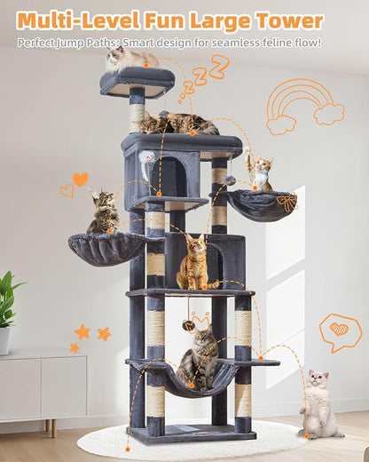 Taoqimiao Cat Tree, 77-Inch Cat Tower for Large Cats Multi-Level Cat Condos for Indoor Cats with 2 Condos, Extra-Lagre Platform, 2 Hanging Baskets, Hammock, 8 Scratching Posts, MS044G Smoke Gray