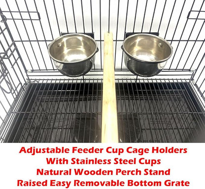 Easy Portable Foldable Travel Vet Bird Parrot Cage Carrier Handle with Stainless Feeder Bowls and Natural Wooden Stand Perch Prevent Beaks Out