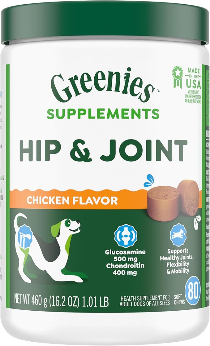 Greenies Supplements Hip and Joint Supplements for Dogs, Chicken Flavor, 16.2 oz. 80-Count