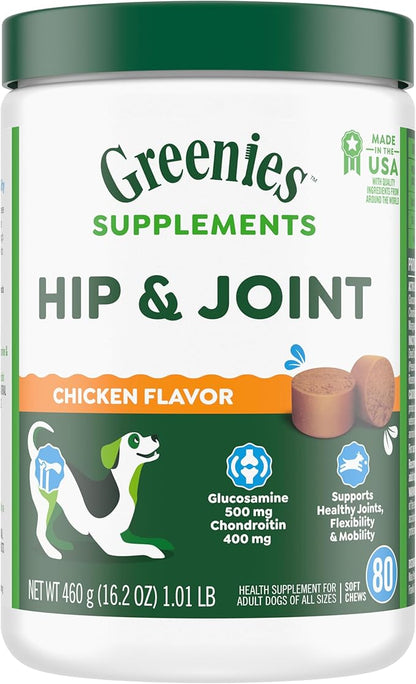 Greenies Supplements Hip and Joint Supplements for Dogs, Chicken Flavor, 16.2 oz. 80-Count