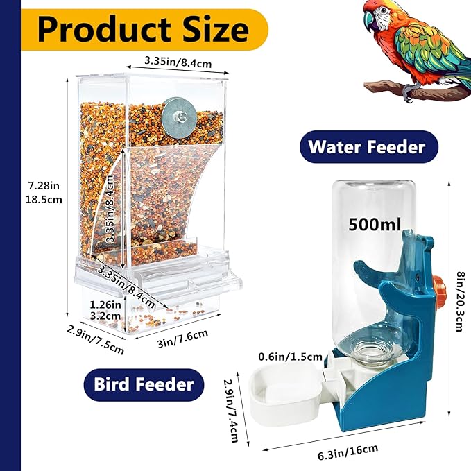 VERTUPET No Mess Bird Feeders with Water Dispenser Automatic Transparent Acrylic Food Container Drinker for Cage Automatic Parrot Feeder Seed Container Cage Accessories (Blue)