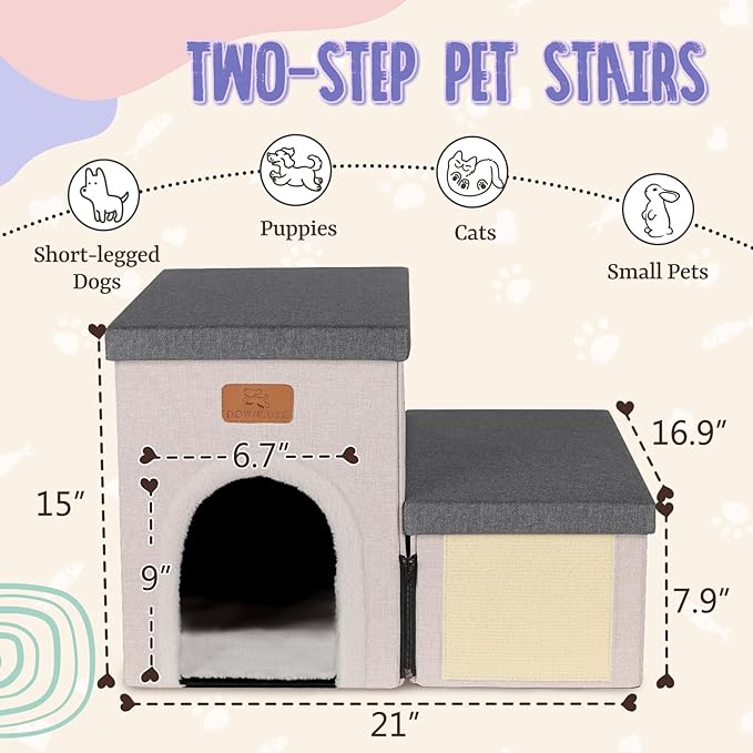 downluxe Dog Stairs for Small Dogs, Foldable Dog Steps for Bed, Sofa and Chair, Non-Slip Pet Steps with Cat Scratcher and Condo (2-Step Pet Stairs, Grey-Beige)