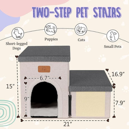 downluxe Dog Stairs for Small Dogs, Foldable Dog Steps for Bed, Sofa and Chair, Non-Slip Pet Steps with Cat Scratcher and Condo (2-Step Pet Stairs, Grey-Beige)