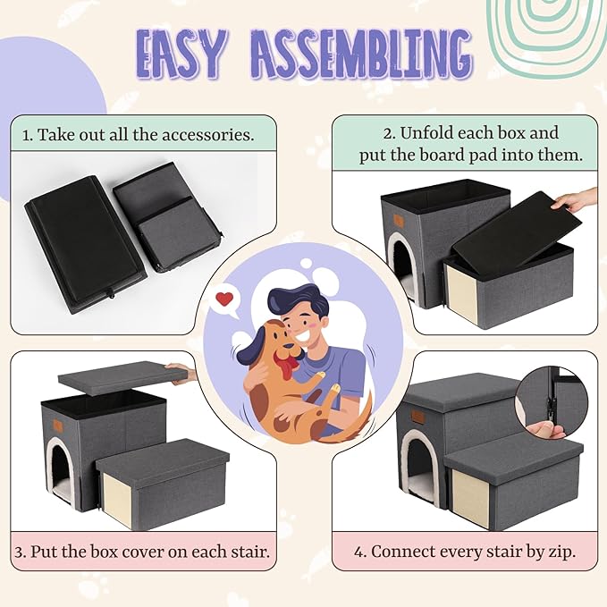 downluxe Dog Stairs for Small Dogs, Foldable Dog Steps for Bed, Sofa and Chair, Non-Slip Pet Steps with Cat Scratcher and Condo (2-Step Pet Stairs, Dark Grey)