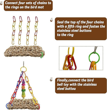 Bird Swing Toy Seagrass Mat, Natural Sea-Weed Woven Parrot Hammock Swing Bird Net Hammock Mat Climbing Swing Mat with Colorful Chewing Rope Toys for Parakeets, Budgie,Conure,Cockatiel,Lovebird